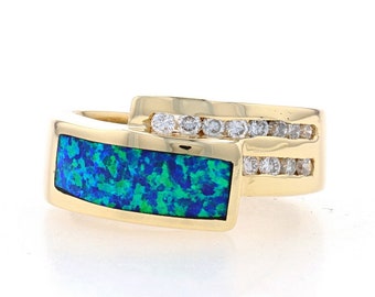 Yellow Gold Lab-Created Opal & Diamond Bypass Band 14k Inlay .30ctw Ring Sz6 1/4