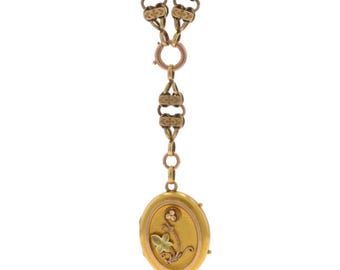 Yellow Gold Victorian Ivy Leaf Locket Pendant Necklace 19" - 10k Gold Filled