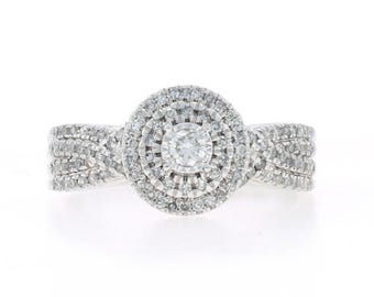 White Gold Diamond Double Halo Ring - 10k Round Brilliant and Single .50ctw
