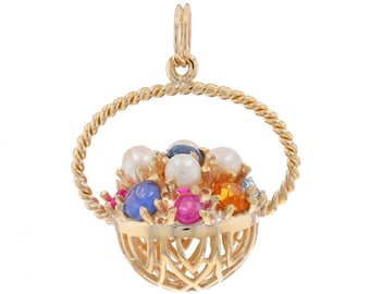 Yellow Gold Zircon Ruby Pearl Emerald Sapphire Flower Basket Cluster Pendant 14k
