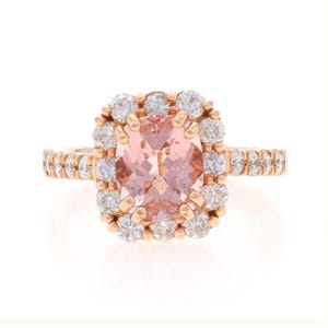 Rose Gold Morganite Diamond Halo Ring 14k Rectangular Cushion 3.70ctw Engagement