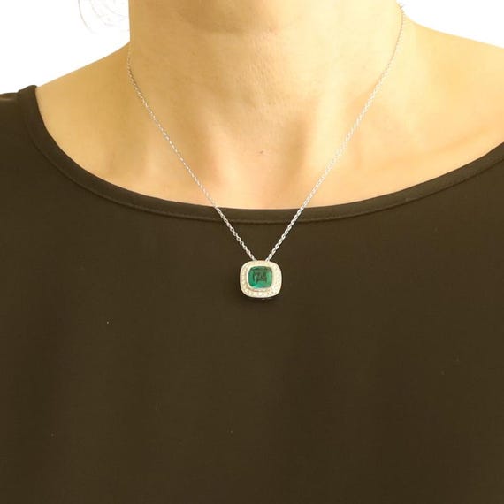 White Gold Lab-Created Emerald Diamond Halo Necklace 17 1/4" 14k Sq Cush 3.46ctw View 2