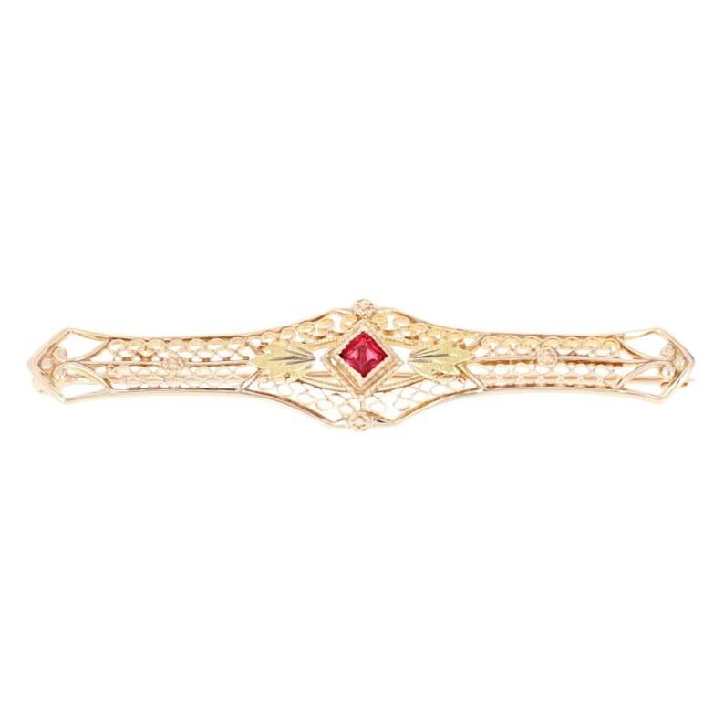 Square Cut Simulated Ruby Vintage Brooch .15ctw 10k Yellow Gold Filigree Pin