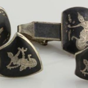 Ensemble de boutons de manchette et pinces à cravate du Siam vintage - Déesse asiatique en argent sterling Mekkala