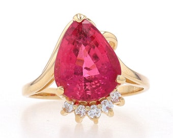 Yellow Gold Rubellite Tourmaline & Diamond Ring - 14k Pear Step 6.16ctw