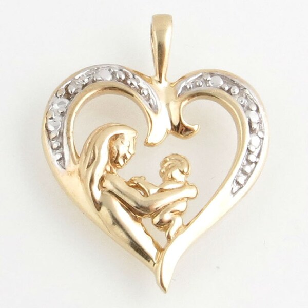 Mother Child Heart Pendant - 10k Yellow & White Gold Genuine .01ctw Diamonds C29