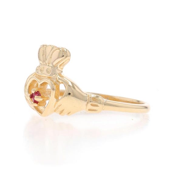 Yellow Gold Ruby Solitaire Claddagh Ring - 14k Ro… - image 3