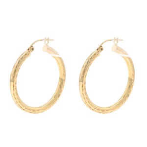 Yellow Gold Hoop Earrings - 10k Etched Round Pierced