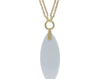 Yellow Gold White Agate Solitaire Necklace - 18k Marquise Cabochon