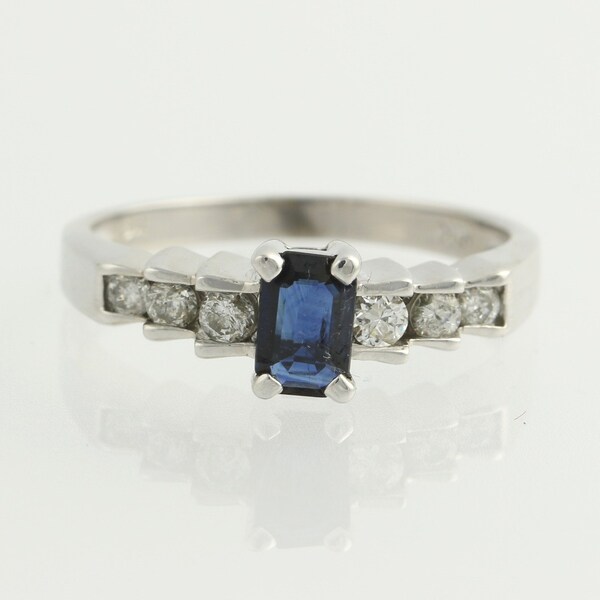 Sapphire & Diamond Ring - 14k White Gold Genuine .88ctw Step Design F3040