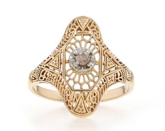 Geelgouden diamanten solitaire ring - 14 kt rond, 10 kt bloemenfiligraan