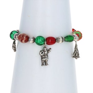 Sterling Christmas Charm Bracelet 7 3/4&quot; - 925 Glass Beads Santa Nutcracker Tree