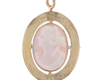 Geelgouden roze schelp Vintage broche/hanger - 10k gesneden cameo silhouet pin