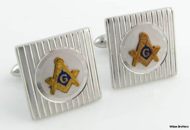 Sterling Silver Gold Plate Square Compass Emblem Member Masonic Cufflinks