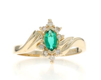 Yellow Gold Lab-Created Emerald Diamond Bypass Ring - 14k Marquise .42ctw