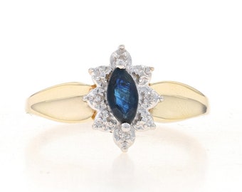 Yellow Gold Sapphire & Diamond Ring - 10k Marquise .40ctw Floral Halo-Inspired