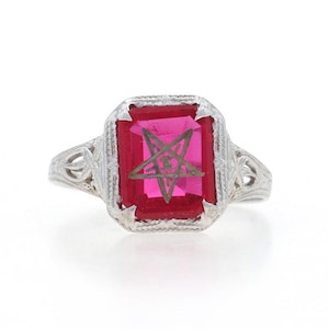 White Gold Order of the Eastern Star Ring 10k Lab-Created Ruby Masonic OES