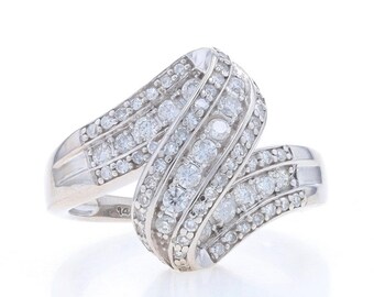 White Gold Diamond Cluster Bypass Ring - 14k Round Brilliant & Single .50ctw Ribbon