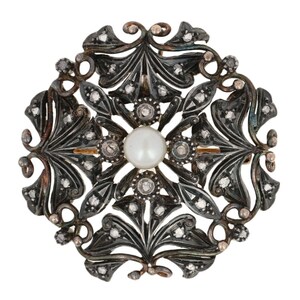 6mm Cultured Pearl and Diamond Victorian Brooch/Pendant -18k Gold & Silver Antique