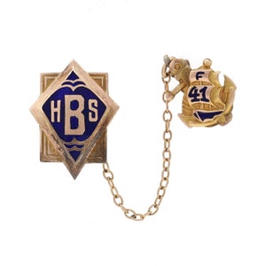 Yellow Gold High School Badge & Ship Guard Pin 10k Blue Enamel Berkeley 1941 image 1