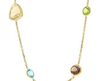 Collana in oro giallo con topazio blu e quarzo fumé citrino 36 3/4" -14k rotondo 30,95 ctw