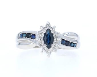 Anello in oro bianco con zaffiro e diamanti - 10k taglio marquise e nastro rotondo da 0,78 ct