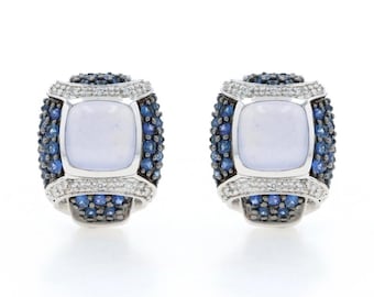 White Gold Blue Chalcedony Sapphire Diamond Lg Stud Earrings 14k Sq Cab 11.48ctw