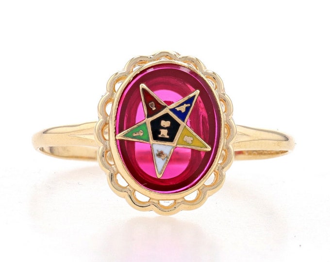 Yellow Gold Order of the Eastern Star Ring - 10k Lab-created Ruby OES ...