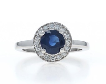 White Gold Sapphire Diamond Halo Ring - 14k Round 1.22ctw
