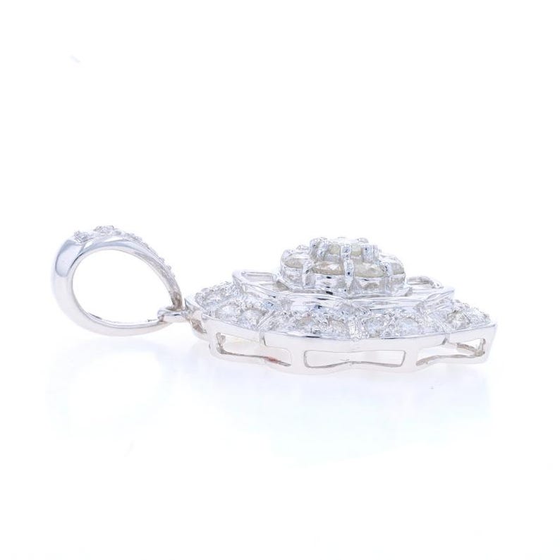 White Gold Diamond Flower Cluster Double Halo Pendant 18k Rnd and Baguette 2.00ctw image 2