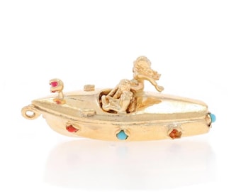 Yellow Gold Turquoise Coral Retro Speedboat Charm - 14k Water Sports