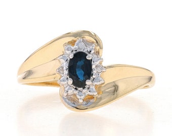 Yellow Gold Sapphire & Diamond Bypass Ring - 10k Oval .35ct Floral Halo-Inspired