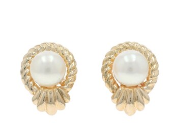 Yellow Gold Pearl Stud Earrings - 14k Pierced