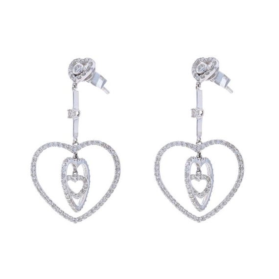 White Gold Diamond Graduated Heart Dangle Earrings -14k Rnd 2.00ctw Love Pierced View 2