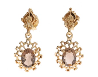 Yellow Gold Smoky Quartz Dangle Earrings - 14k Oval 1.70ctw Floral Pierced