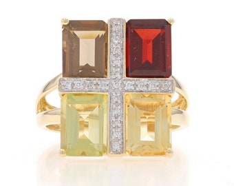 Yellow Gold Garnet Smoky Quartz Citrine Cluster Cocktail Ring - 14k Emer 4.40ctw