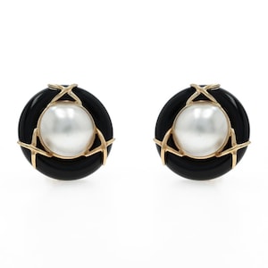 Gelbgold Mabe Perle Onyx X Große Ohrstecker 14k Runde