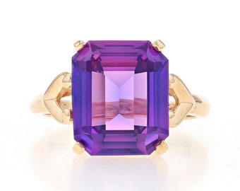 Yellow Gold Lab-Created Sapphire Vintage Cocktail Solitaire Ring 10k Emer 6.18ct