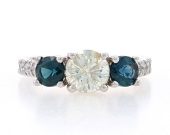 White Gold Diamond & Sapphire Three-Stone Engagement Ring 14k Round 2.05ctw