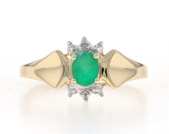 Yellow Gold Emerald & Diamond Ring - 10k Oval .35ct