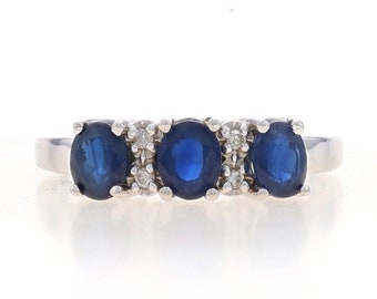 White Gold Sapphire & Diamond Three-Stone Ring - 14k Oval 1.18ctw