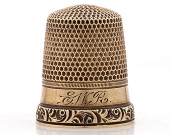 Yellow Gold Victorian Monogram Scroll Thimble 14k Antique Sewing Tool Size 10