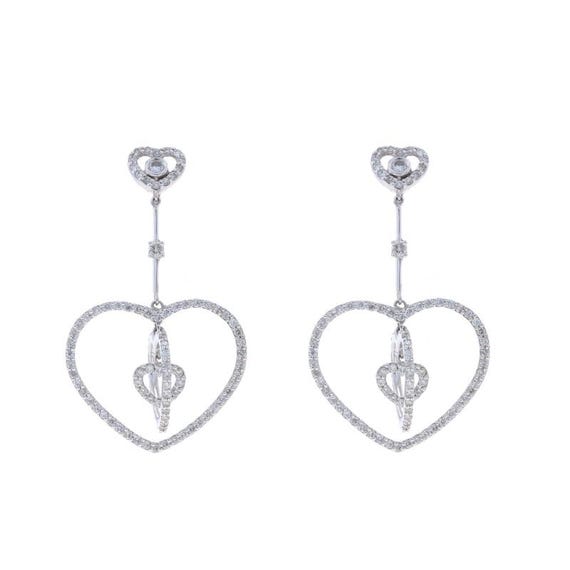 White Gold Diamond Graduated Heart Dangle Earrings -14k Rnd 2.00ctw Love Pierced