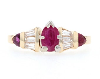 Yellow Gold Ruby & Diamond Ring - 14k Pear Cut 1.30ctw Engagement Size 6 Unique Engagement Ring