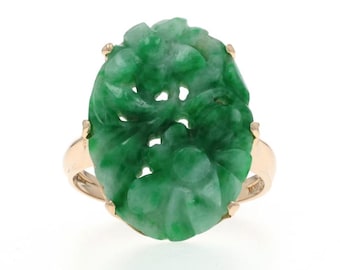 Yellow Gold Jadeite Vintage Cocktail Solitaire Ring - 14k Carved Flowers