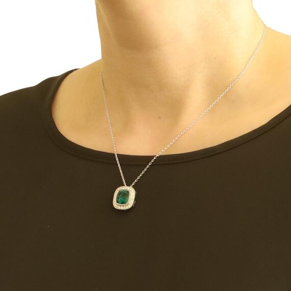 White Gold Lab-Created Emerald Diamond Halo Necklace 17 1/4" 14k Sq Cush 3.46ctw View 4
