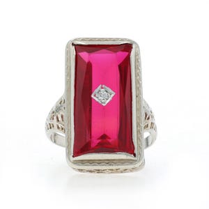 White Gold Lab-Created Ruby Diamond Art Deco Ring - 14k Rectangular Vintage
