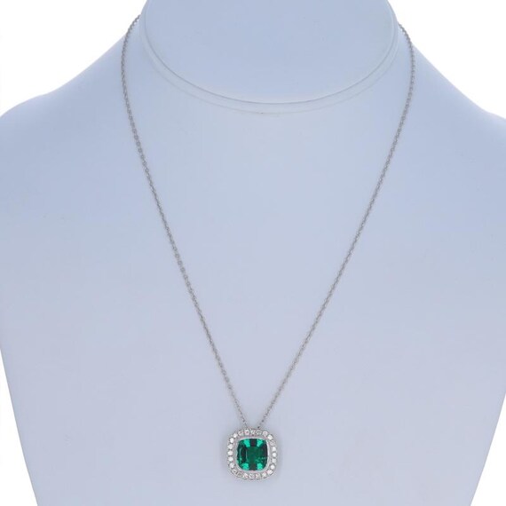 White Gold Lab-Created Emerald Diamond Halo Necklace 17 1/4" 14k Sq Cush 3.46ctw View 3