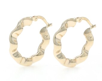 Yellow Gold Wavy Hoop Earrings 14k Absract Pierced