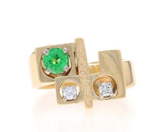 Yellow Gold Tsavorite Garnet and Diamond Bypass Ring - 14k Round .62ctw Abstract